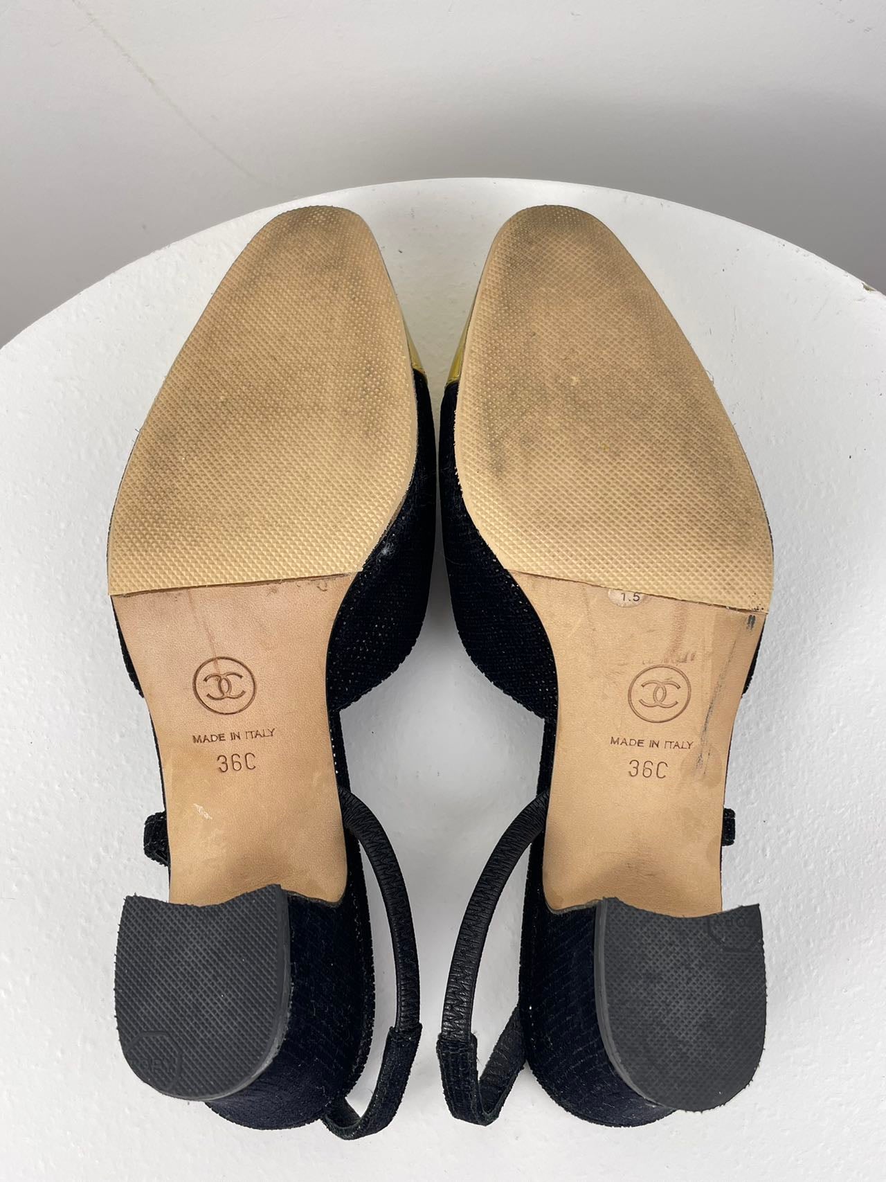 Used Chanel Tweed Black Gold Slingback Pumps with CC Logo 36 MILOURA
