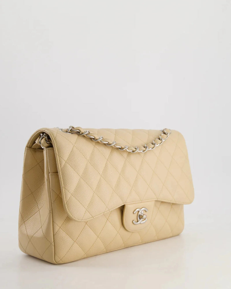 Chanel Beige Jumbo Classic Double Flap Bag in Caviar Leather with Silver Hardware Chanel Bag MILOURA