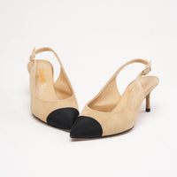 Chanel Beige Suede and Black Grosgrain Pointed Cap Toe CC Slingback Pumps Size 36.5