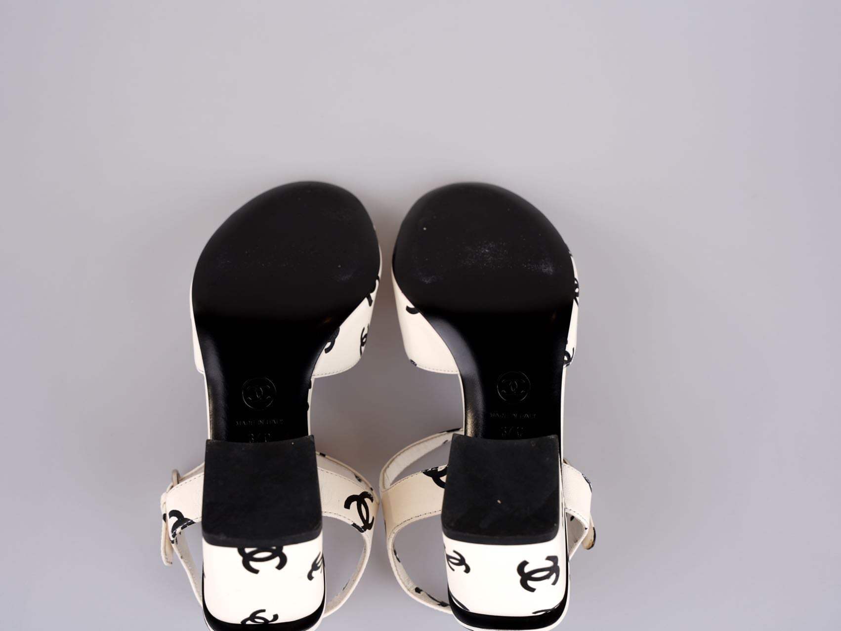 Used Chanel Printed Lambskin CC Platform Sandals White Black Size