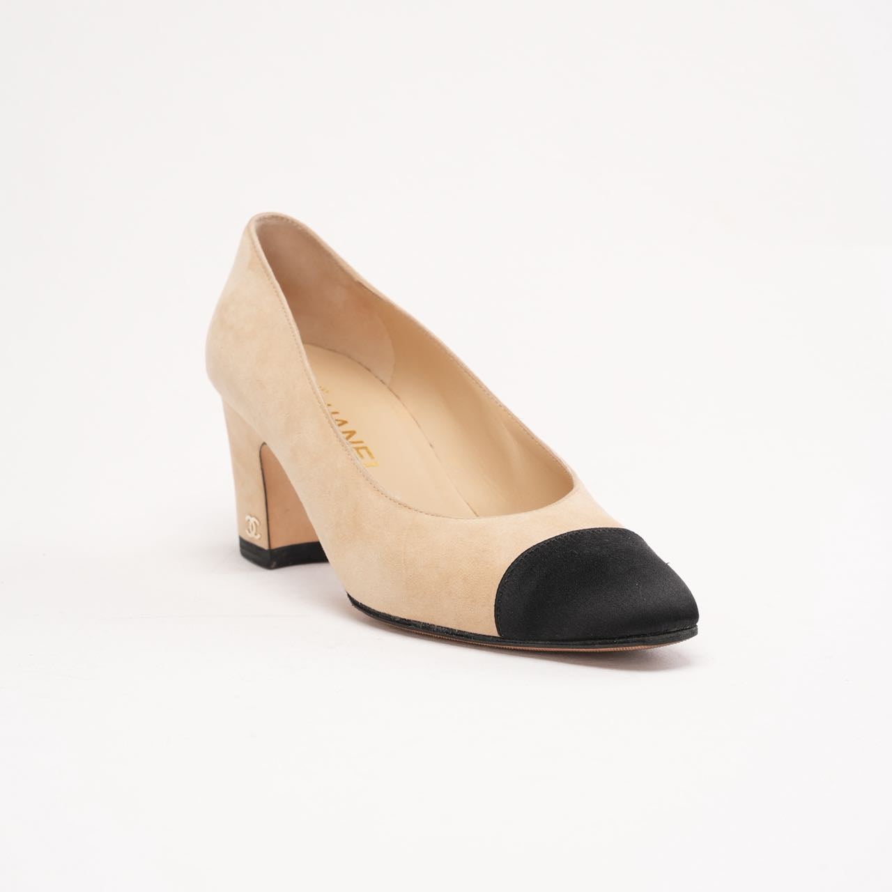 Chanel Block Heel Pumps Beige Suede & Black Satin 37.5 | Miloura