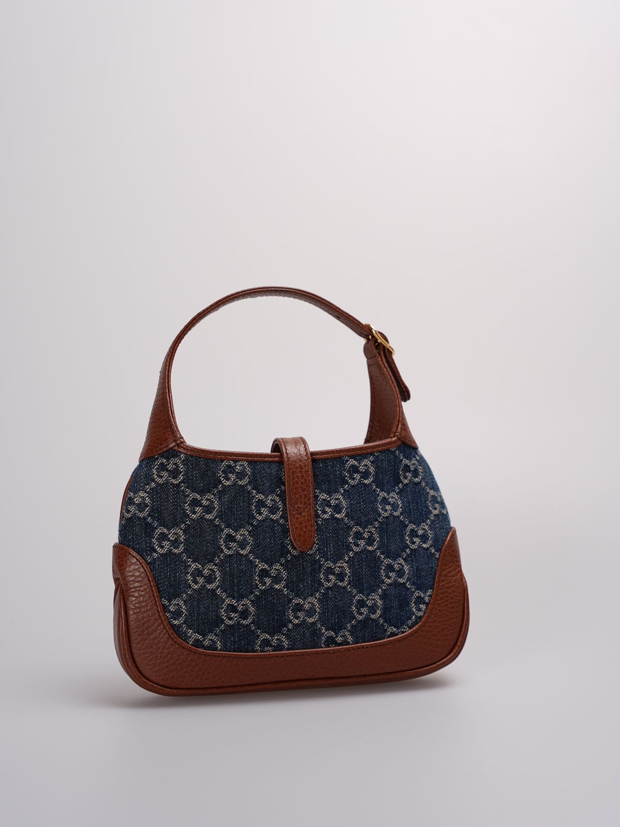 Used Gucci Denim GG Monogram Calfskin Mini Jackie 1961 Hobo Bag