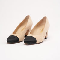 Chanel Beige Suede and Black Satin Cap Toe CC Block Heel Pumps Size 37.5