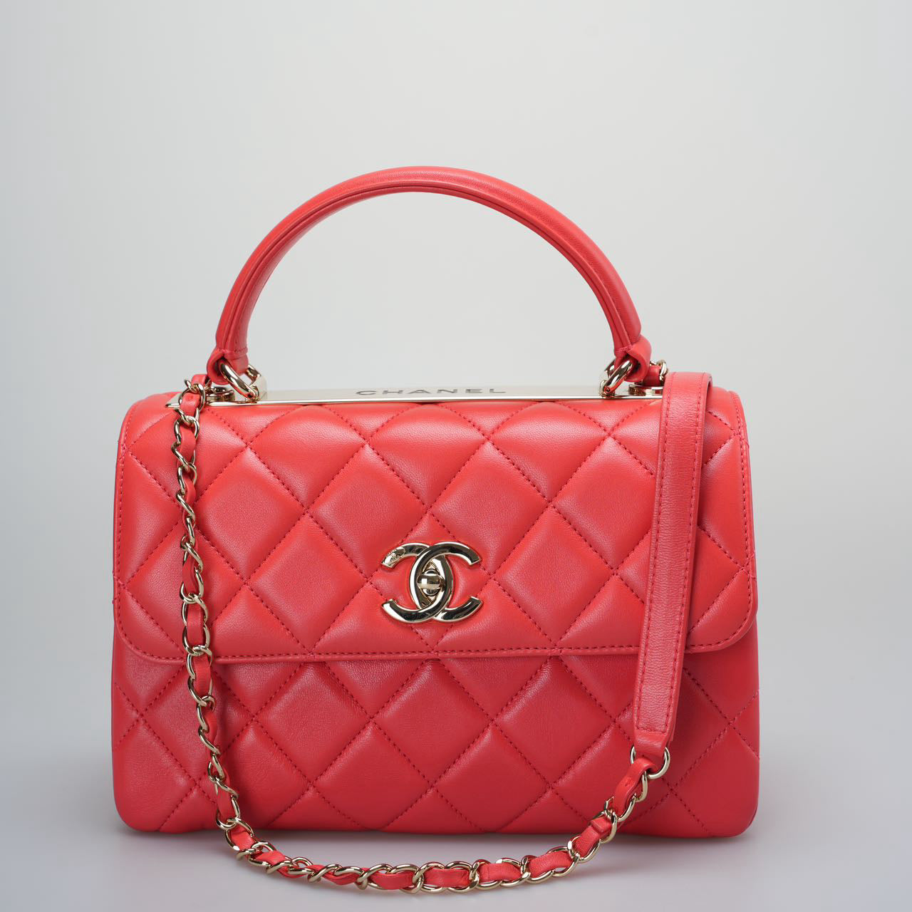 Used authentic Chanel Red Small Trendy CC Bag in Lambskin Leather