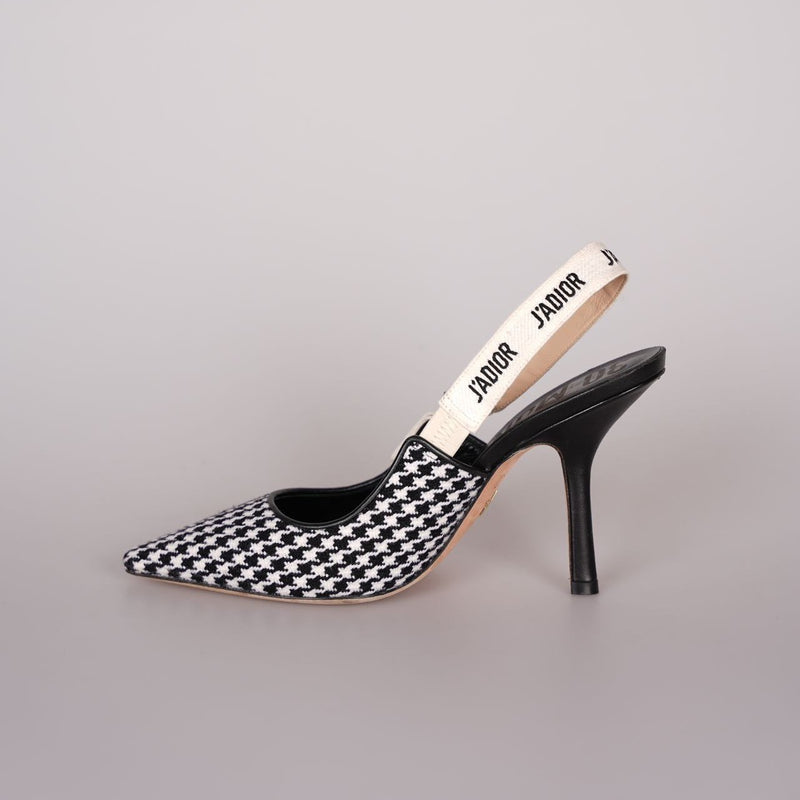 Christian Dior Wool Ribbon Houndstooth J'Adior Slingback 8cm Pumps 38D Black White Luxury Brand Shoes MILOURA