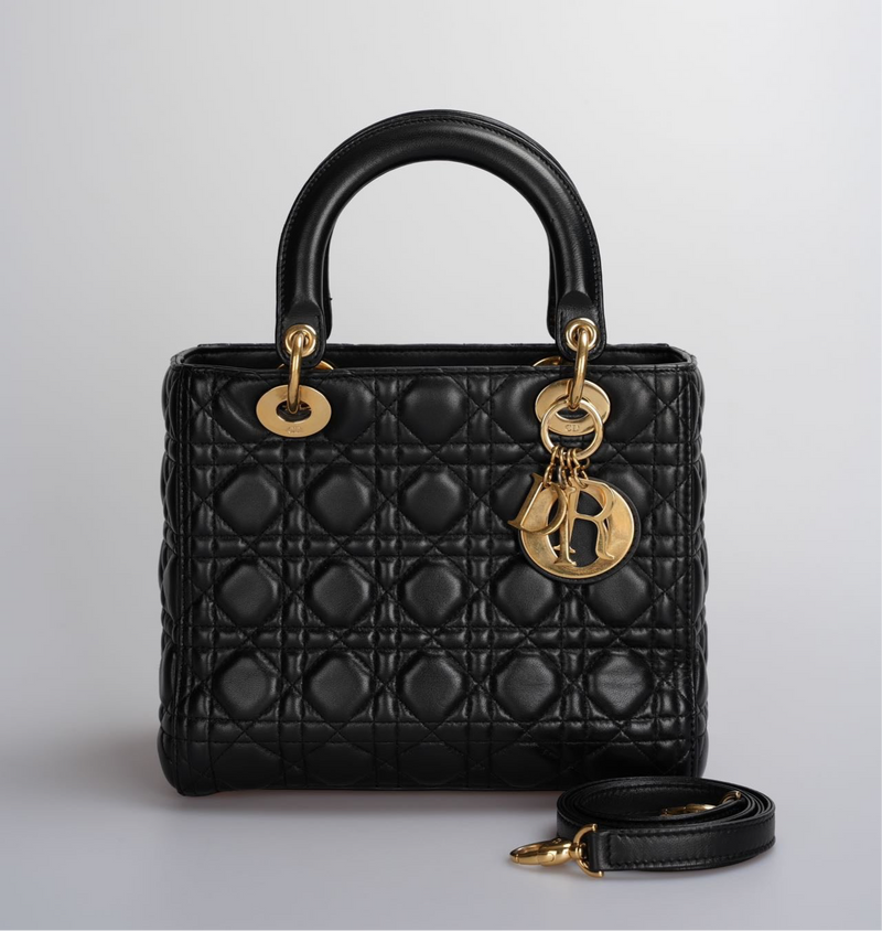 Christian Dior Black Medium Lady Dior Bag in Cannage Lambskin Leather with Gold Hardware Luxury Designer Bag MILOURA