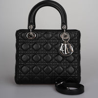 Christian Dior Black Medium Lady Dior Bag in Cannage Lambskin Leather with Silver Hardware