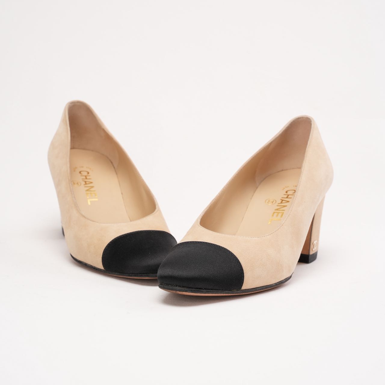 Chanel Block Heel Pumps Beige Suede & Black Satin 37.5 | Miloura
