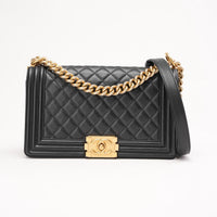 Chanel Black Lambskin Leather Quilted Medium Boy Flap 2015