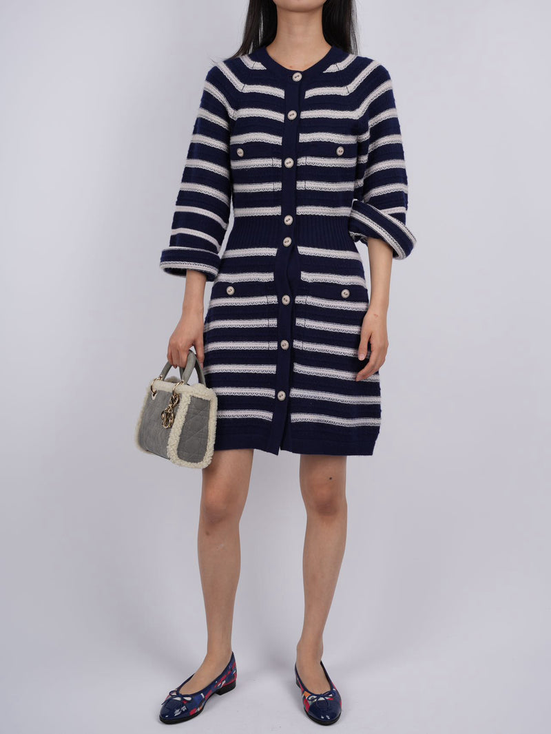 Used CHANEL cashmere Striped Dress in Navy Blue and White FR 34 MILOURA Used CHANEL cashmere Striped Dress in Navy Blue and White FR 34 MILOURA