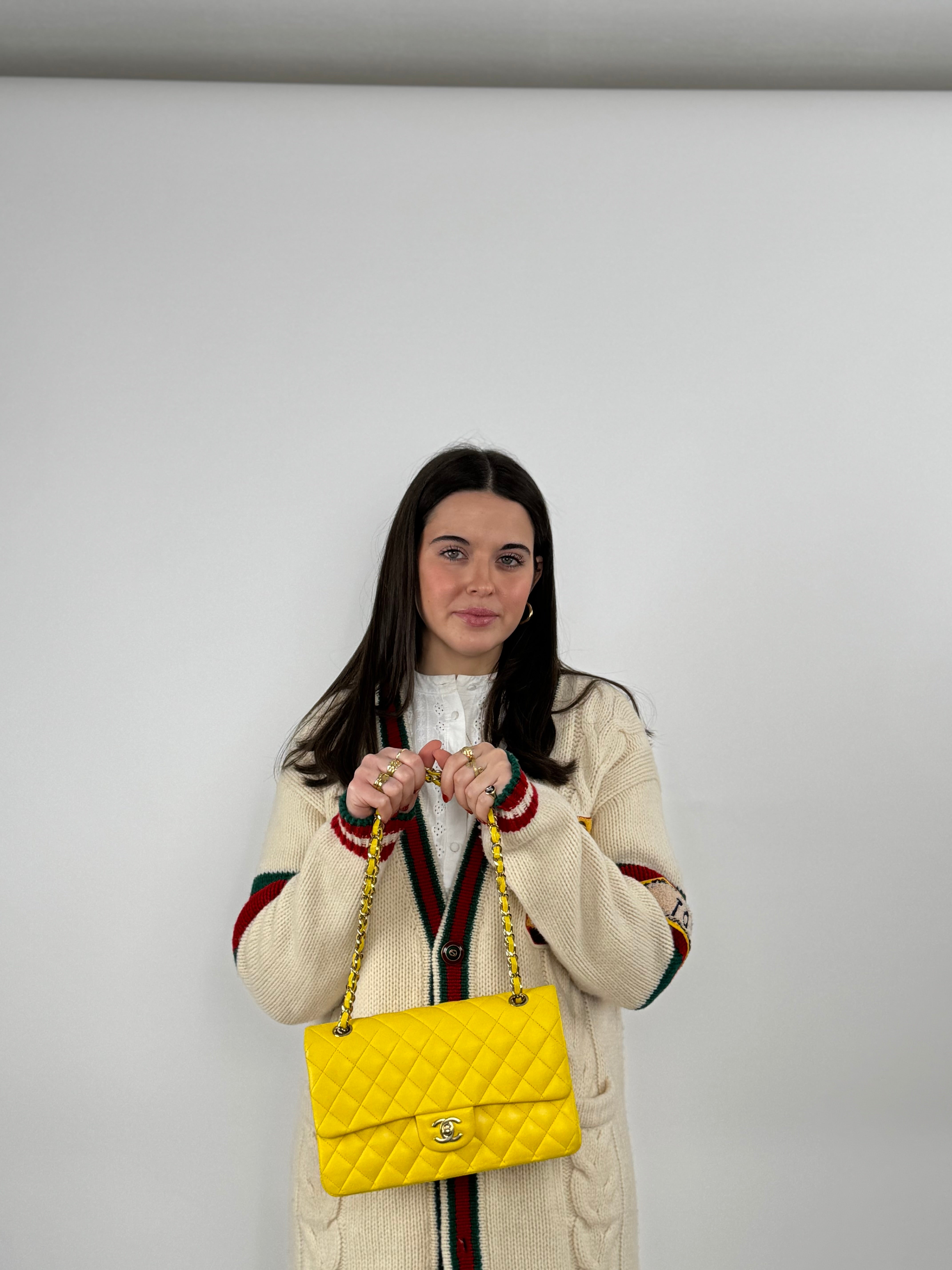 Used Chanel yellow timeless Flap Bag Medium in lambskin leather