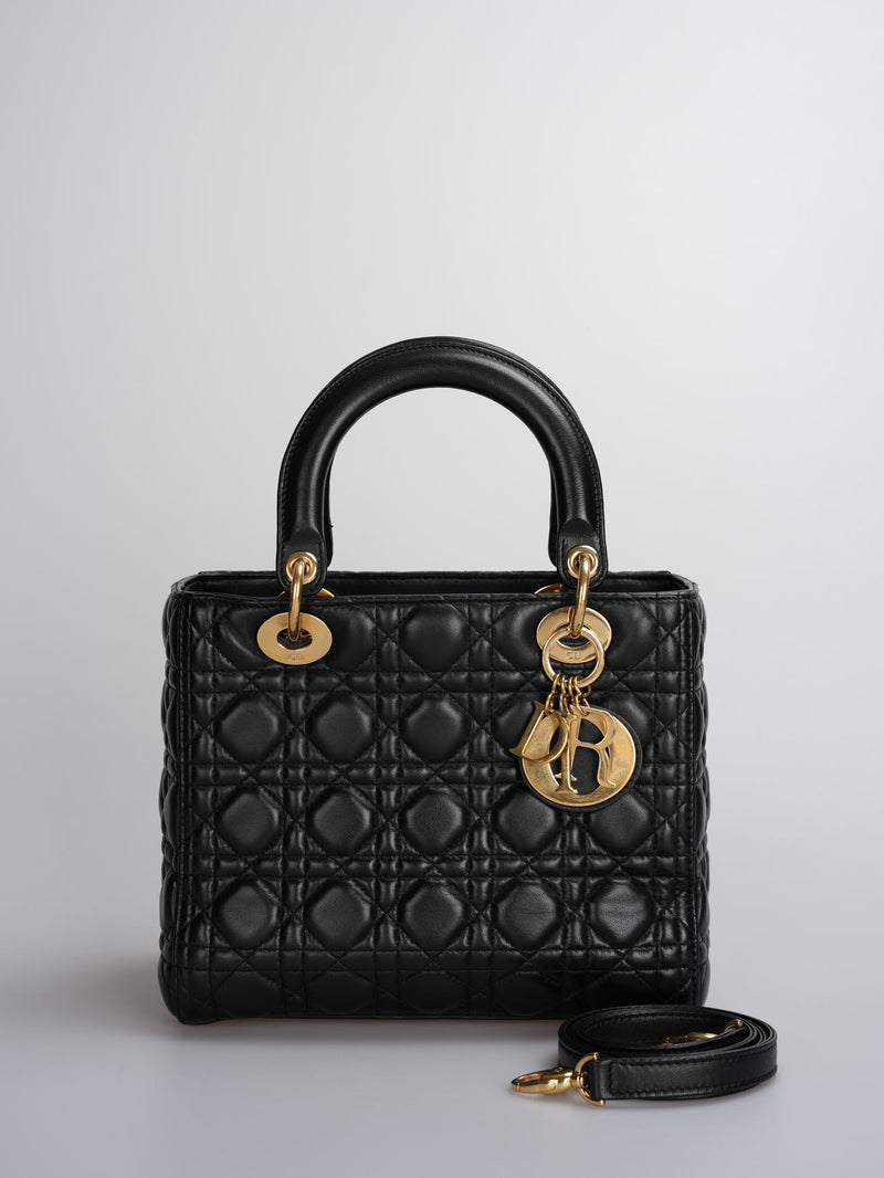 Christian Dior Black Medium Lady Dior Bag in Cannage Lambskin Leather with Gold Hardware Luxury Designer Bag MILOURA