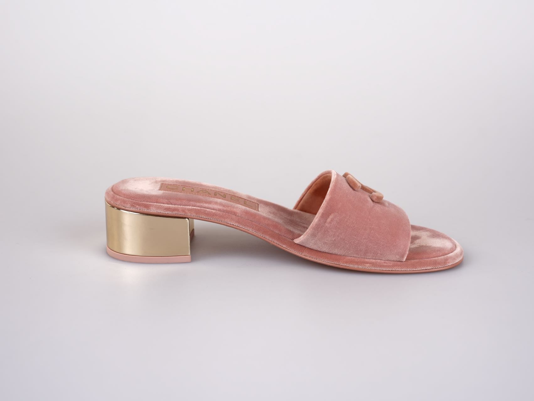 Used Chanel Gold Heels Pink Mules Size 38C | MILOURA