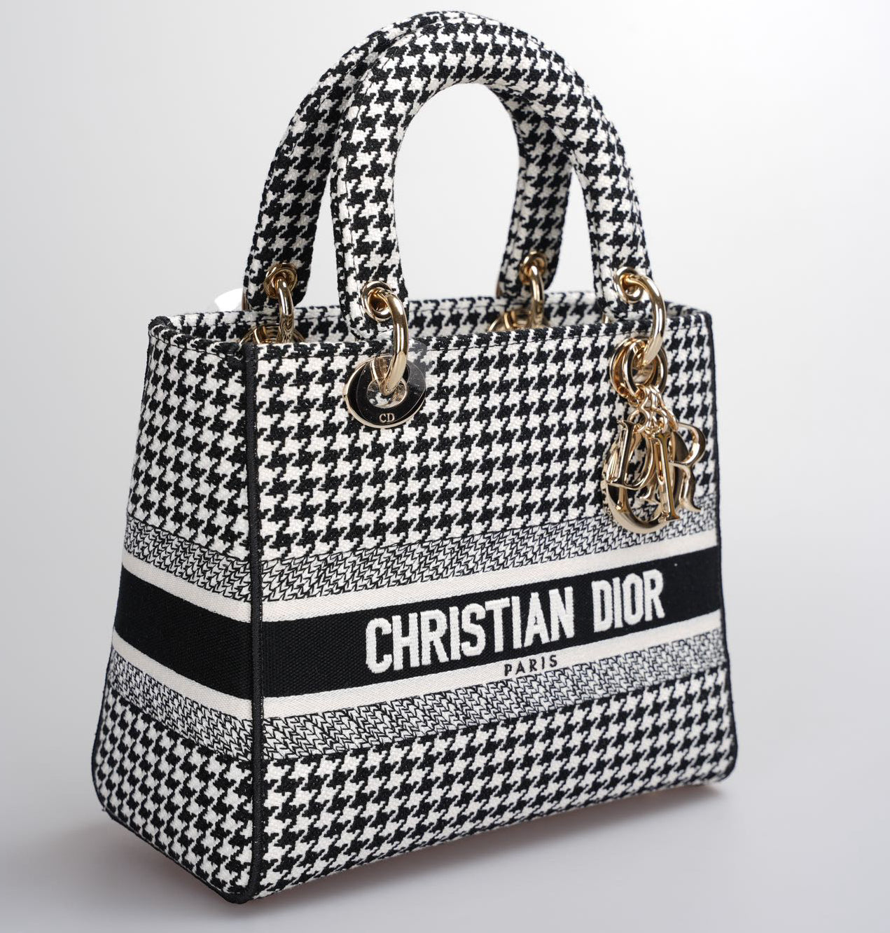 Used Christian Dior Black White Houndstooth Canvas Medium Lady D