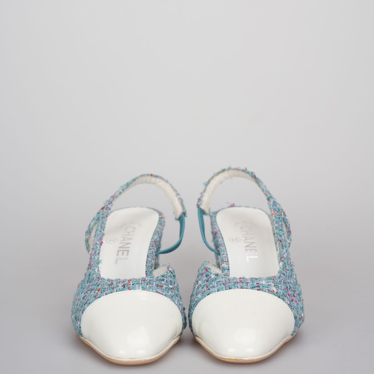 Used Chanel tweed slingback Tiffany blue pumps 38 MILOURA