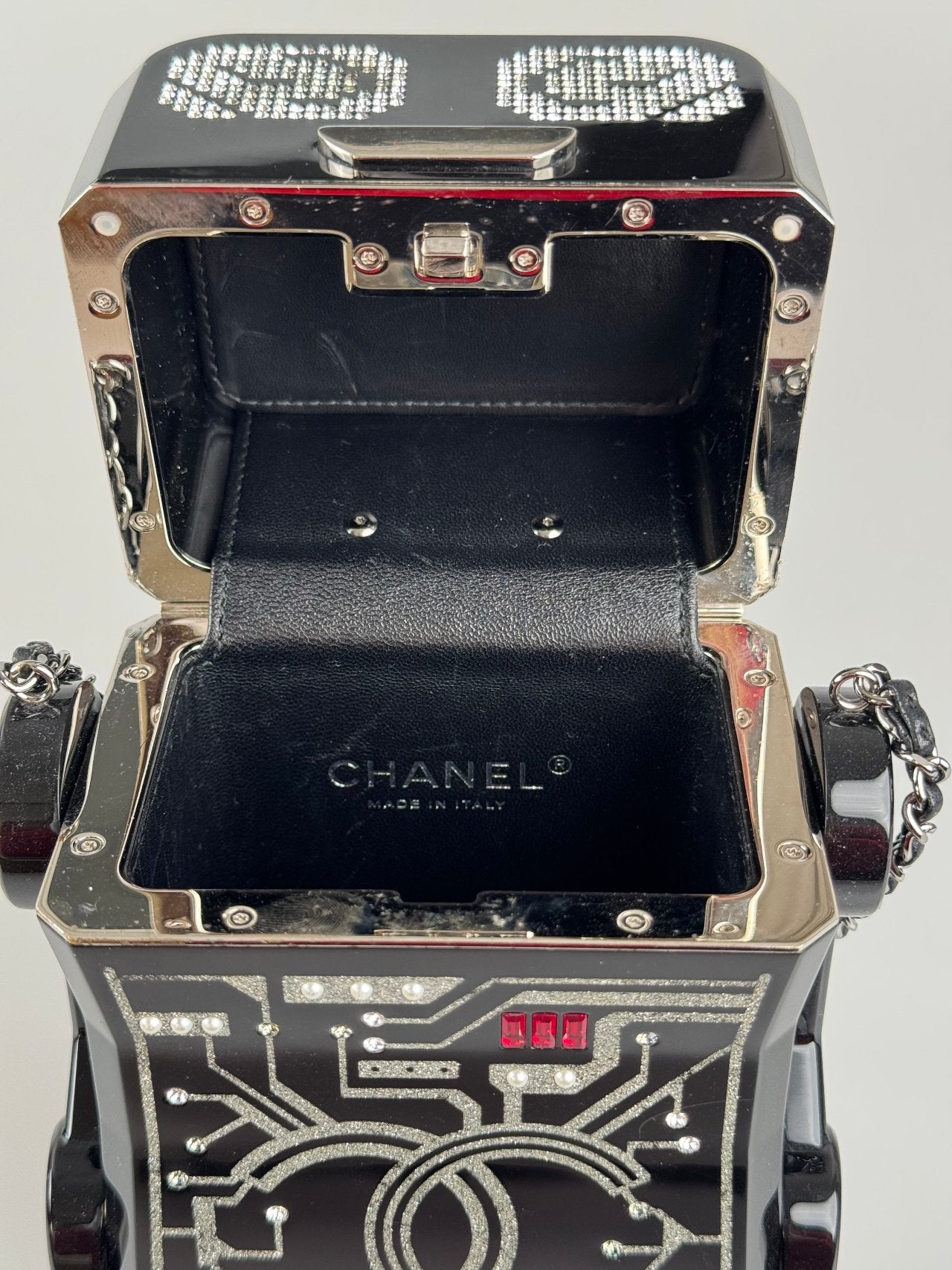 Used Chanel Plexiglass Crystal Robot Minaudiere Clutch Black MILOURA