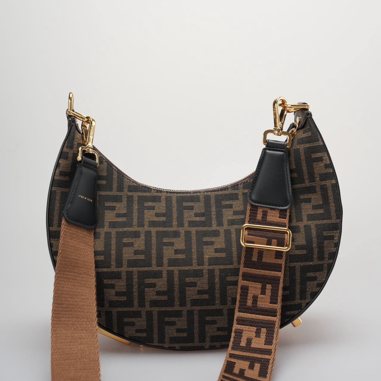 Used Fendi graphy Small Brown FF Jacquard Fabric Bag MILOURA