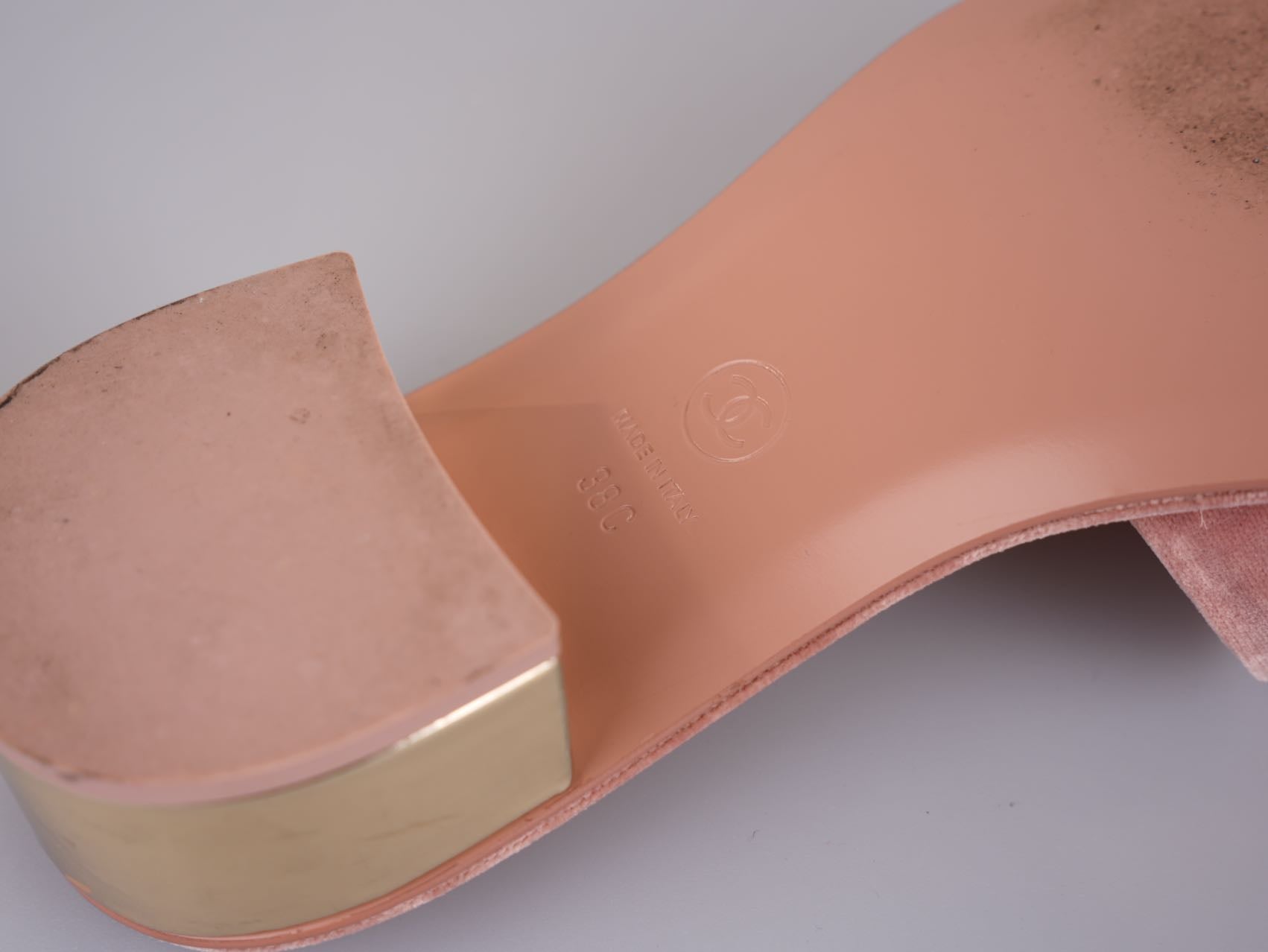 Used Chanel Gold Heels Pink Mules Size 38C | MILOURA