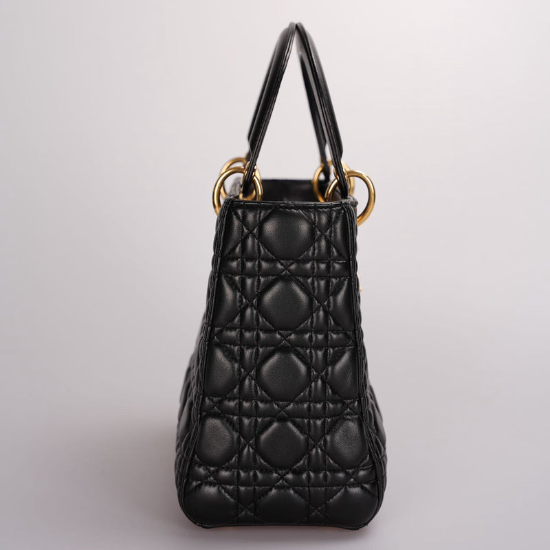 Christian Dior Black Medium Lady Dior Bag in Cannage Lambskin Leather with Gold Hardware Luxury Designer Bag MILOURA