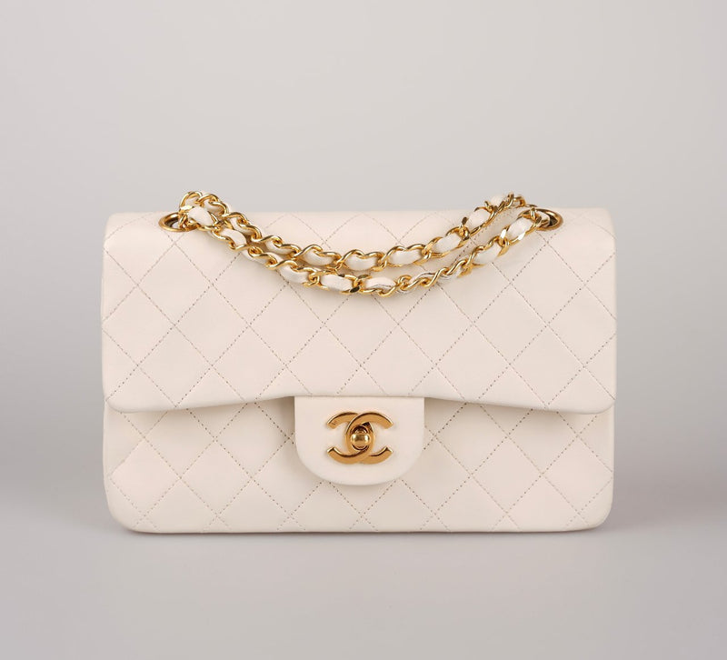 Chanel Small Vintage White Classic Double Flap Bag in Lambskin with gold hardware Chanel Bag MILOURA