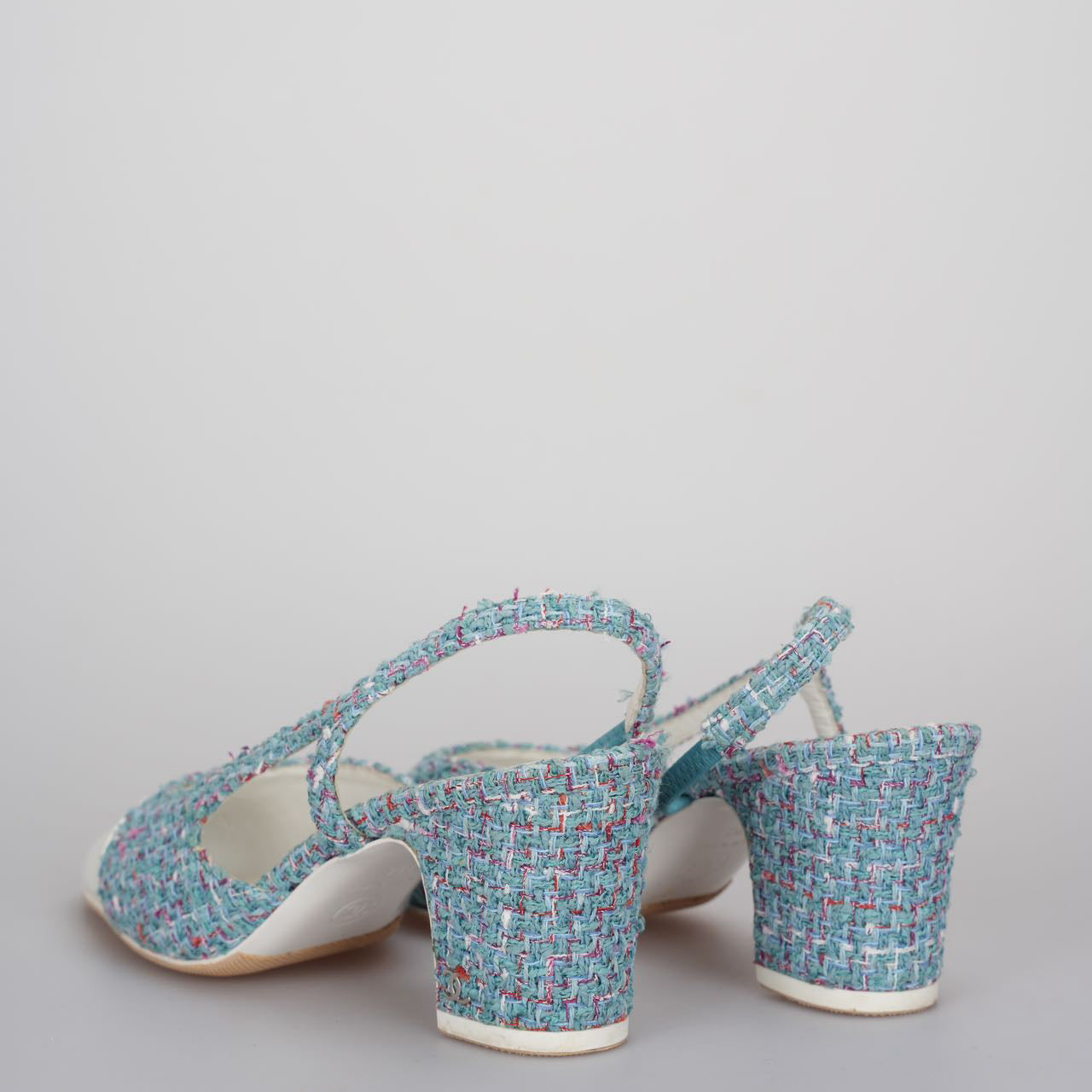 Used Chanel tweed slingback Tiffany blue pumps 38 MILOURA