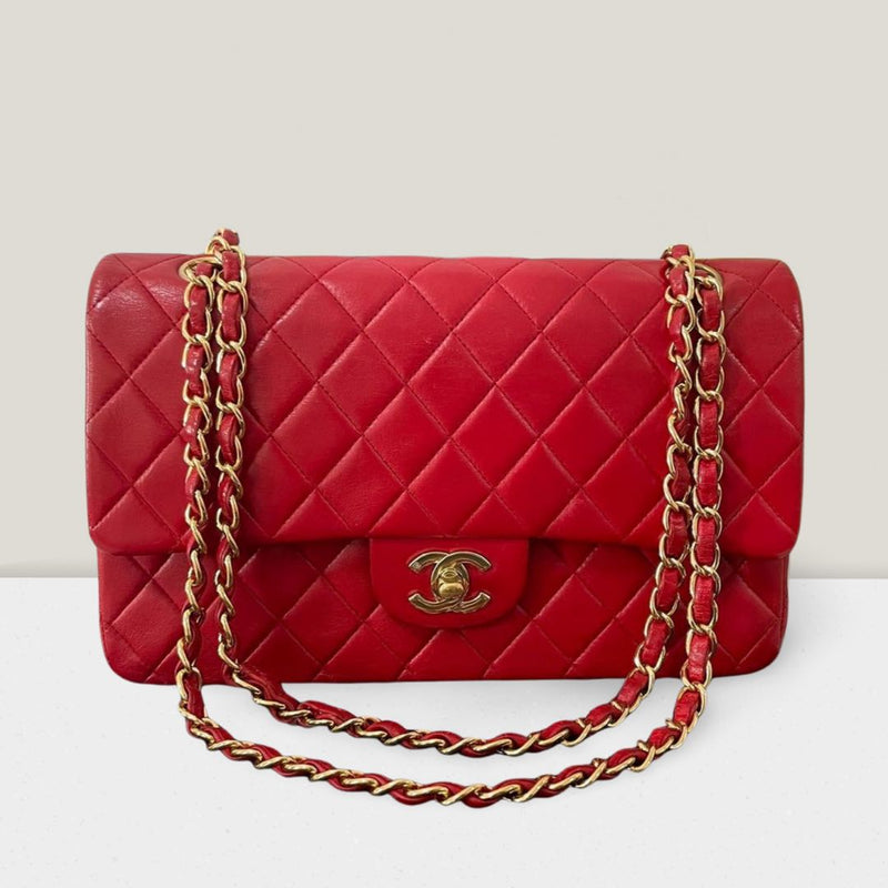 Chanel Red Vintage Medium Classic Double Flap Bag in Lambskin Leather with 24K Gold Hardware Chanel Bag MILOURA