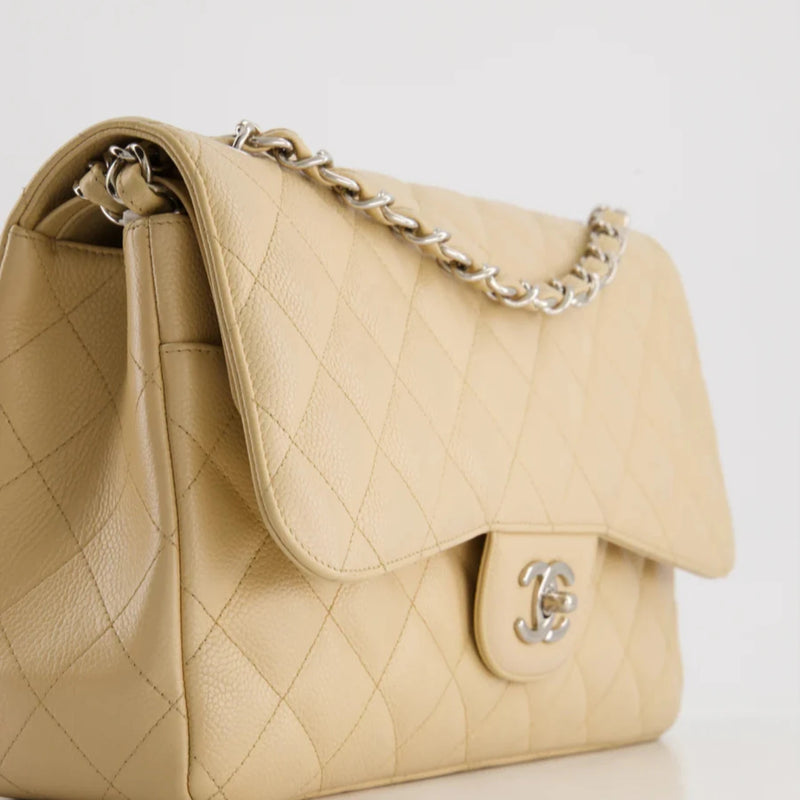 Chanel Beige Jumbo Classic Double Flap Bag in Caviar Leather with Silver Hardware Chanel Bag MILOURA