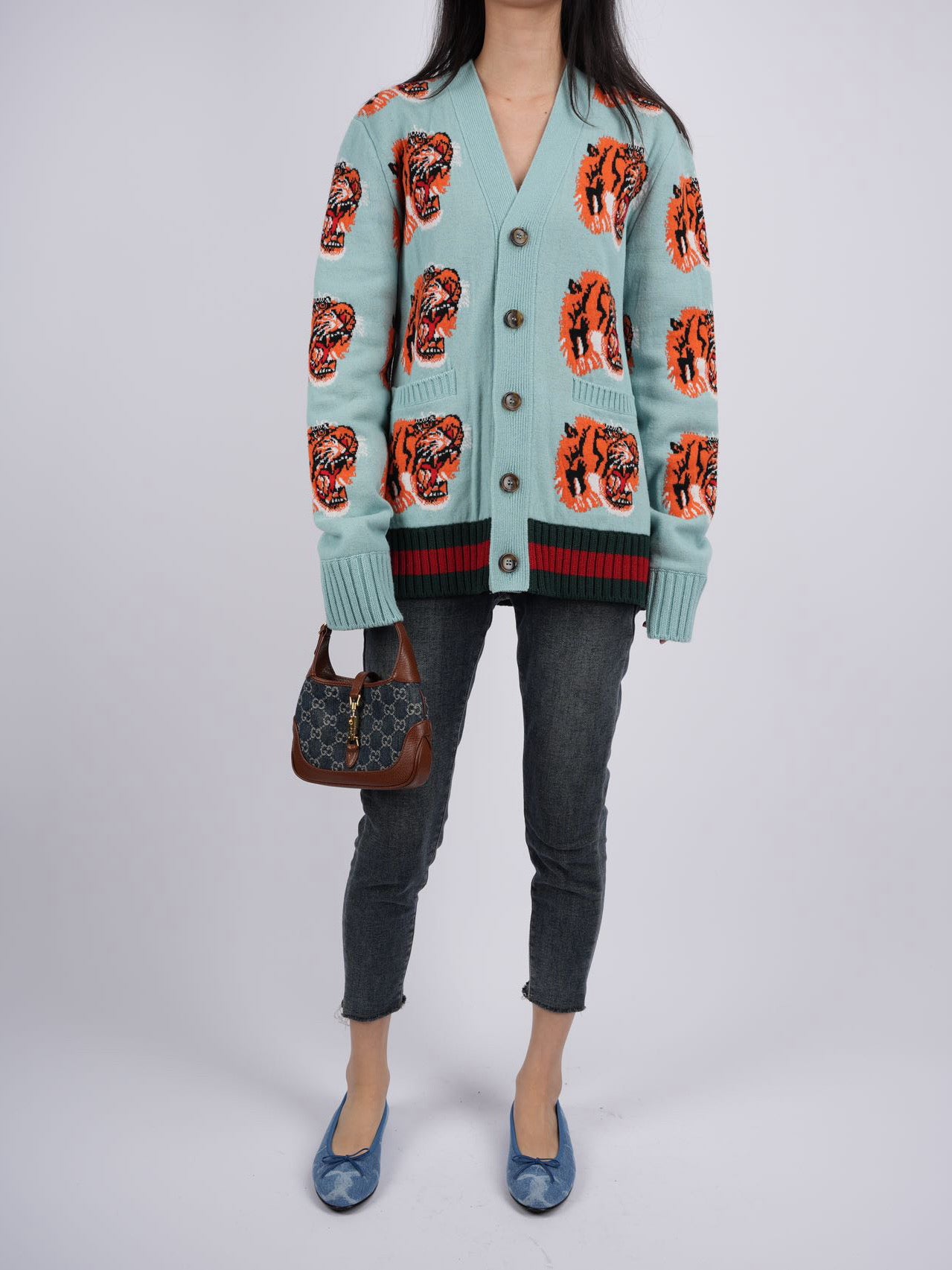 Used Gucci Tiger Jacquard Wool Cardigan light Blue MILOURA