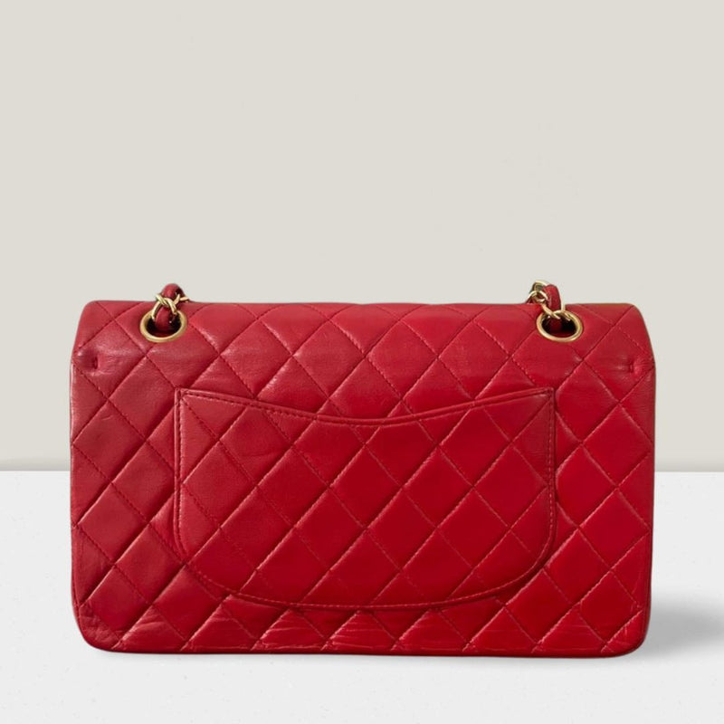 Chanel Red Vintage Medium Classic Double Flap Bag in Lambskin Leather with 24K Gold Hardware Chanel Bag MILOURA