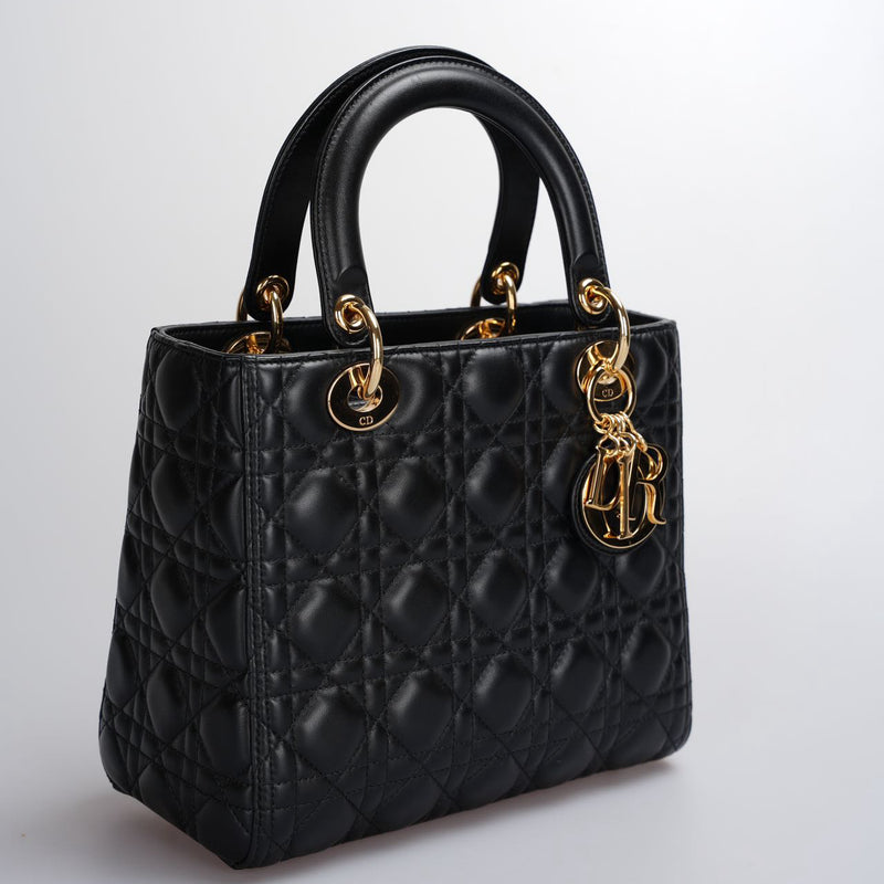 Christian Dior Black Medium Lady Dior Bag in Cannage Lambskin Leather with Gold Hardware Luxury Designer Bag MILOURA