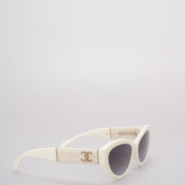 Used Chanel Acetate Tweed Wool CC Chain Sunglasses 5513-A White
