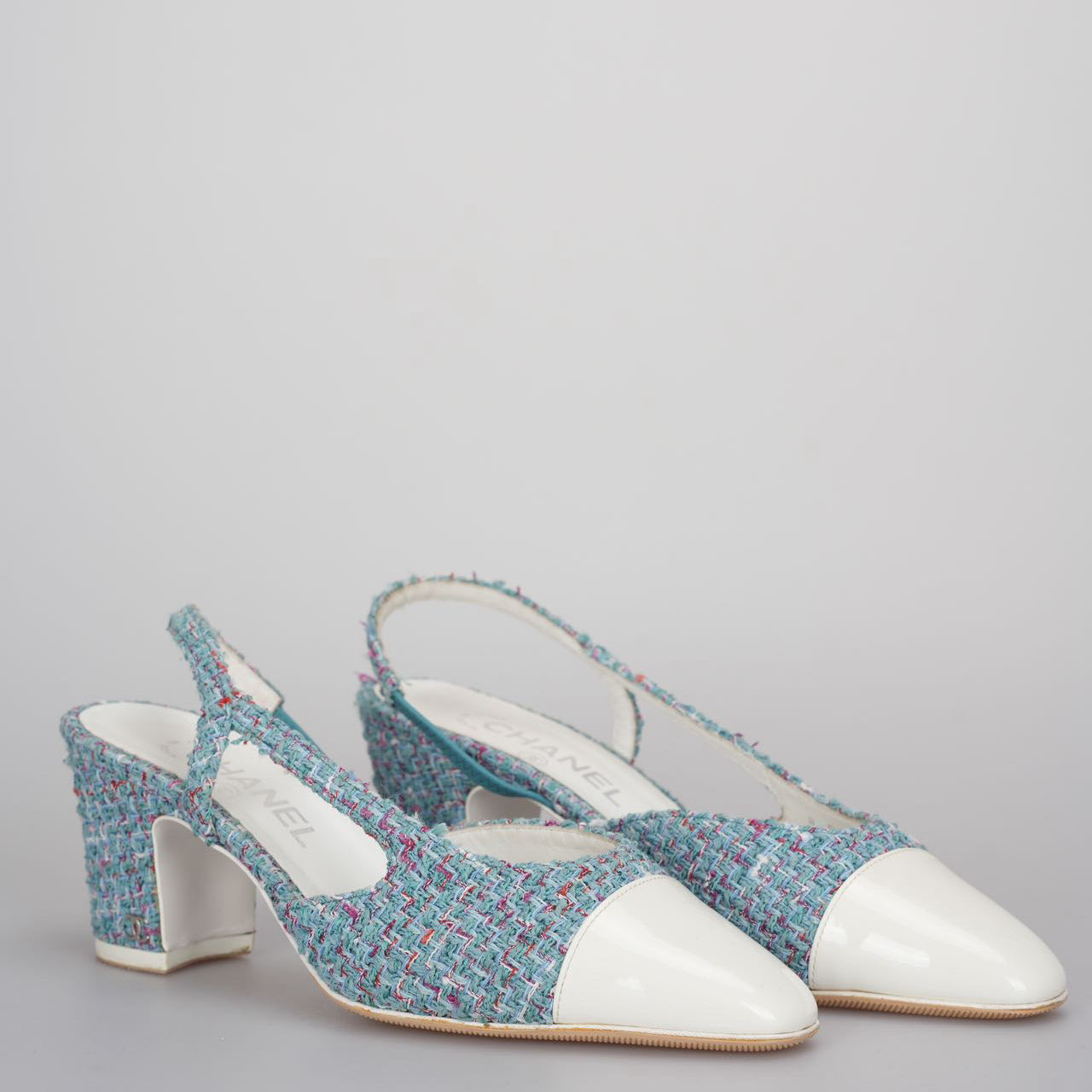 Used Chanel tweed slingback Tiffany blue pumps 38 MILOURA