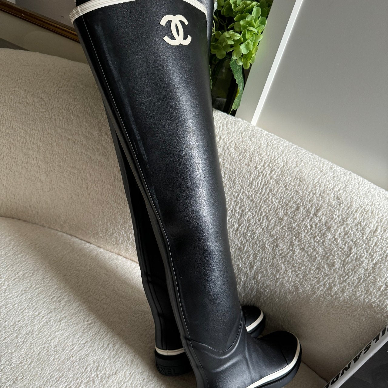 Chanel rubber over the knee boots in black and white with CC logo 36 MILOURA