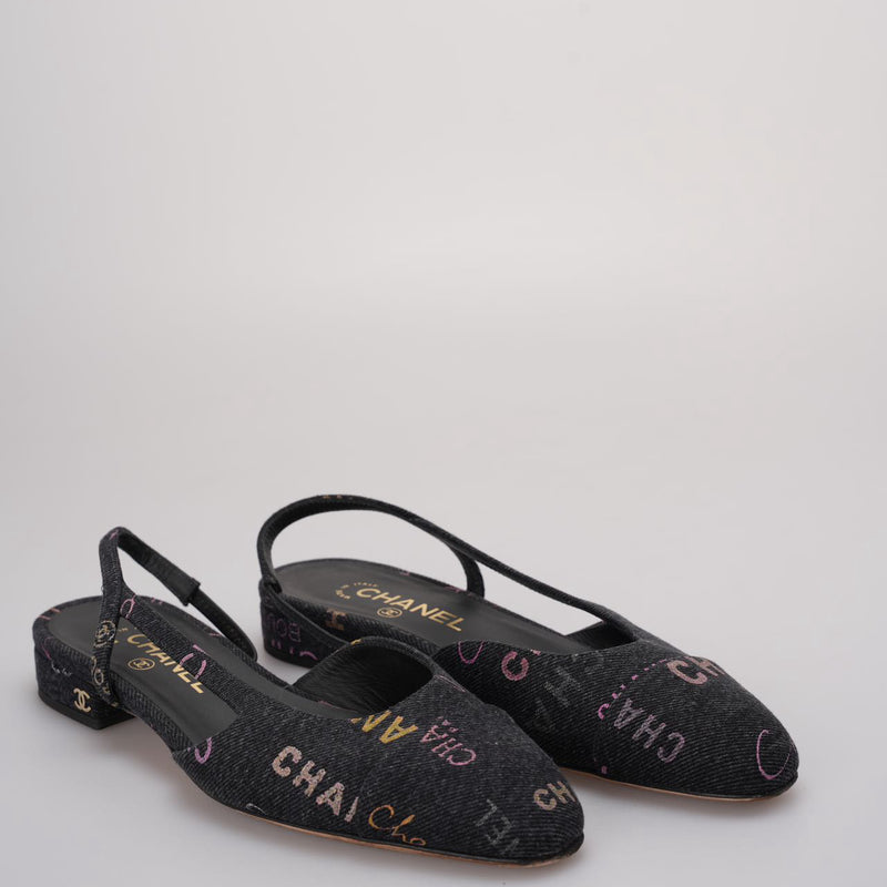 Chanel Black Denim Slingback Mademoiselle Coco Flat size 38