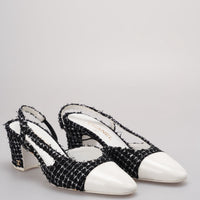 Chanel Black Tweed Slingback Pumps  With White Cap Toe 38.5