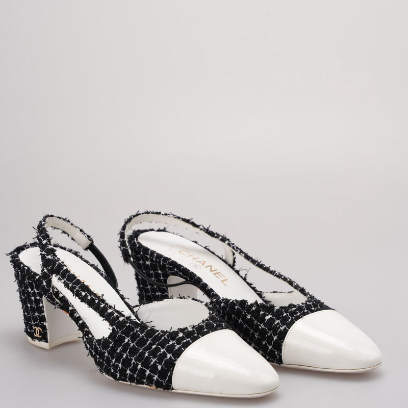 Chanel Black Tweed Slingback Pumps  With White Cap Toe 38.5
