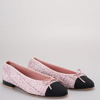 Chanel Pink Tweed Ballerina Flats – Black Cap Toe – Size 37.5