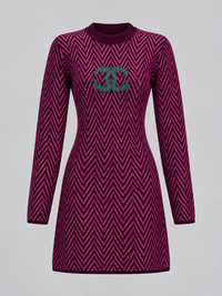 Chanel Burgundy and Green Chevron CC Cashmere Knit Dress Size 36