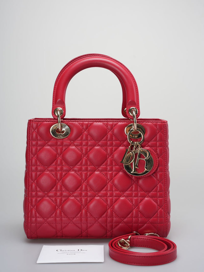Used-Christian Dior Red Medium Lady Dior Bag in Cannage Lambskin Leather with Gold Hardware-MILOURA