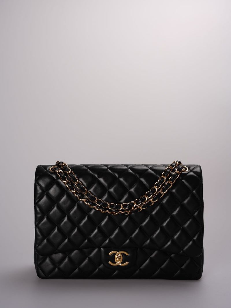 Chanel Classic Double Flap Quilted Lambskin Gold-tone Jumbo Black Chanel Bag MILOURA