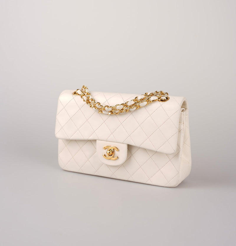 Chanel Small Vintage White Classic Double Flap Bag in Lambskin with gold hardware Chanel Bag MILOURA