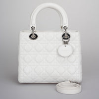 Christian Dior White Medium Lady Dior Bag in Cannage Lambskin Leather with Silver Hardware