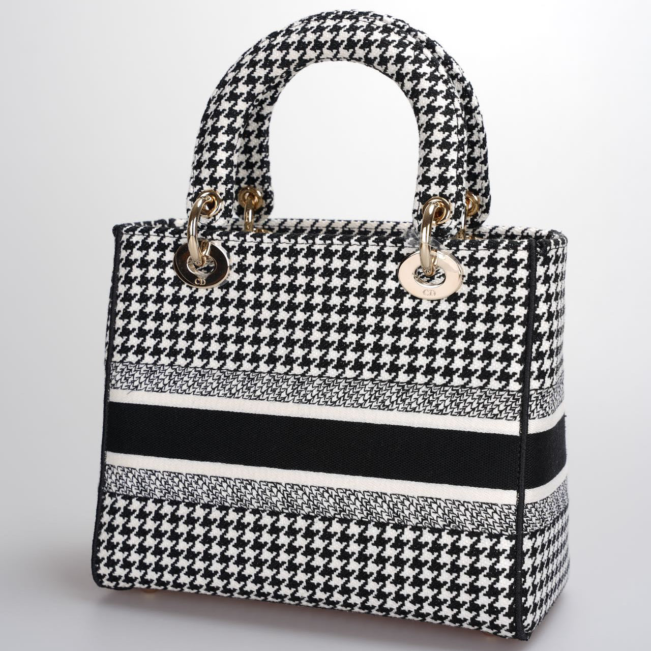 Used Christian Dior Black White Houndstooth Canvas Medium Lady D