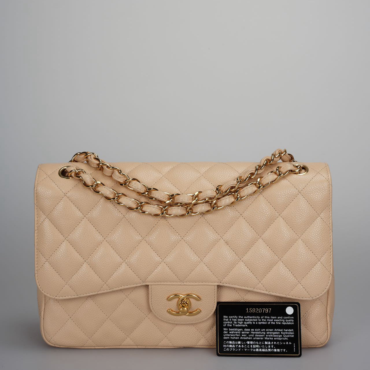 Used Chanel Beige Jumbo timeless Flap Bag Caviar Leather with Gold