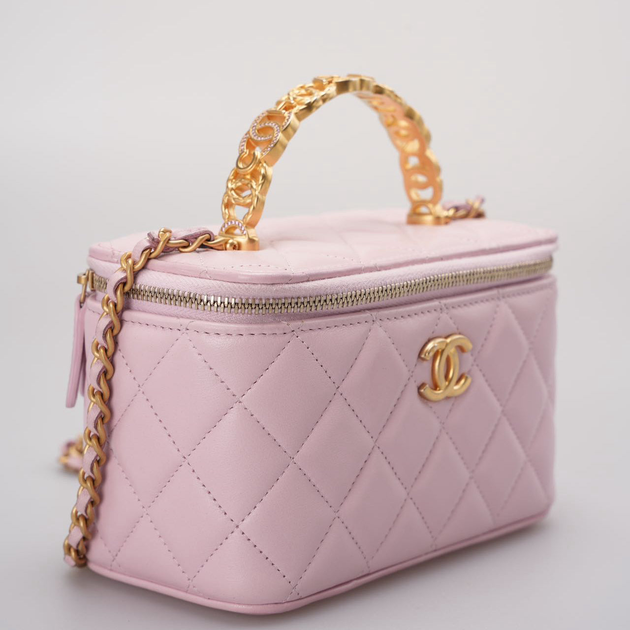 Chanel Vanity Case Pink Quilted Lambskin with Crystal Handle from