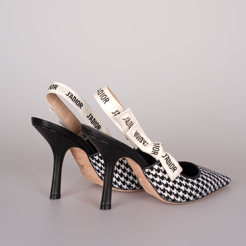 Christian Dior Wool Ribbon Houndstooth J'Adior Slingback 8cm Pumps 38D Black White Luxury Brand Shoes MILOURA