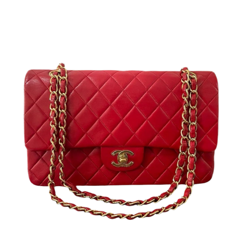 Chanel Red Vintage Medium Classic Double Flap Bag in Lambskin Leather with 24K Gold Hardware Chanel Bag