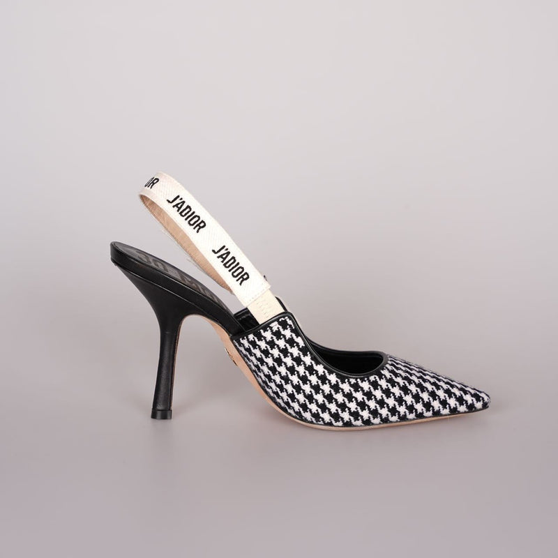 Christian Dior Wool Ribbon Houndstooth J'Adior Slingback 8cm Pumps 38D Black White Luxury Brand Shoes MILOURA