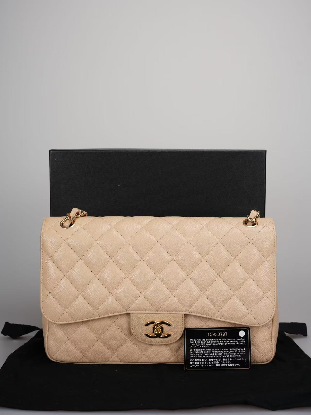 Used Chanel Beige Jumbo timeless Flap Bag Caviar Leather with Gold