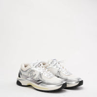 Chanel CC Logo Sneaker in White and Silver 40.5
